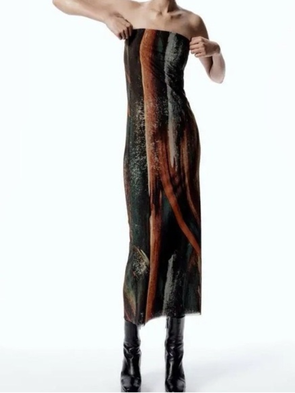Zara Landscape Print Strapless Mesh Bodycon Maxi Dress | M